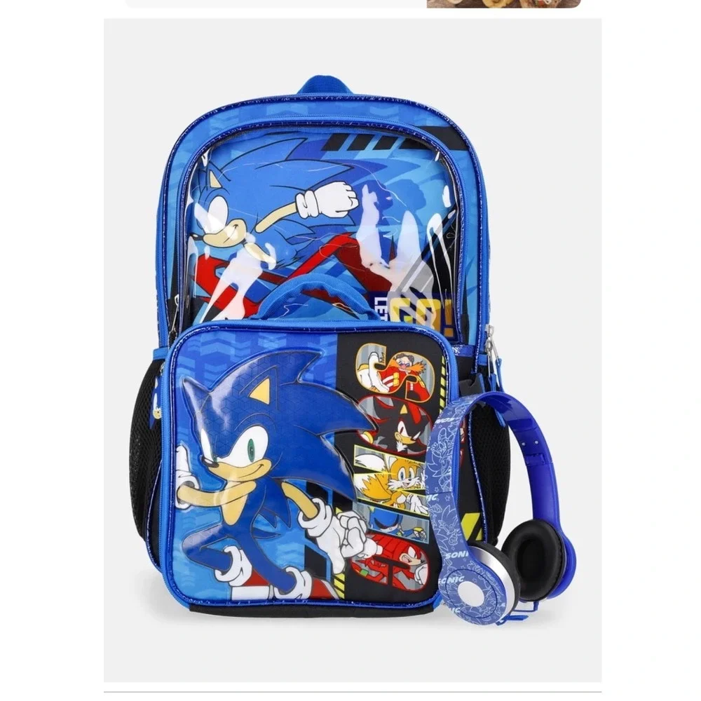 Sonic the Hedgehog 4 Piece Backpack Set Lunch Tote Headphones Blue 17 Inch